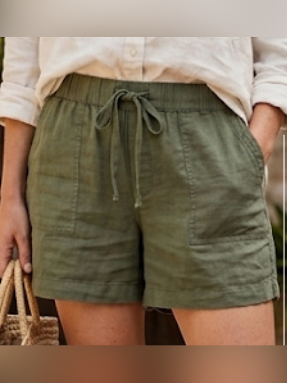Caslon Olive Drawstring Patch-Pocket Shorts Size L